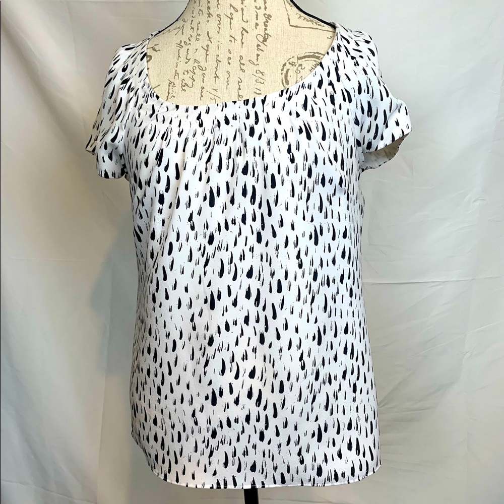 Monsoon White Black Print Short Sleeve Blouse Size 8